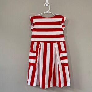 Jacadi‎ Paris Girls Red White Striped Ruffle Pockets Pleat Dress Size 8A 128cm